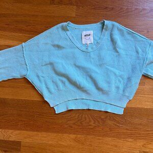 Aerie Cropped Light Blue Turqoise Cotton V Neck Sweater